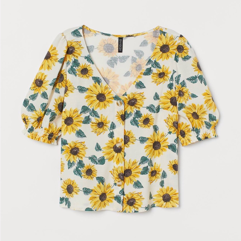 Divided Sunflower Print Puff Sleeve Blouse  H & M Size XS